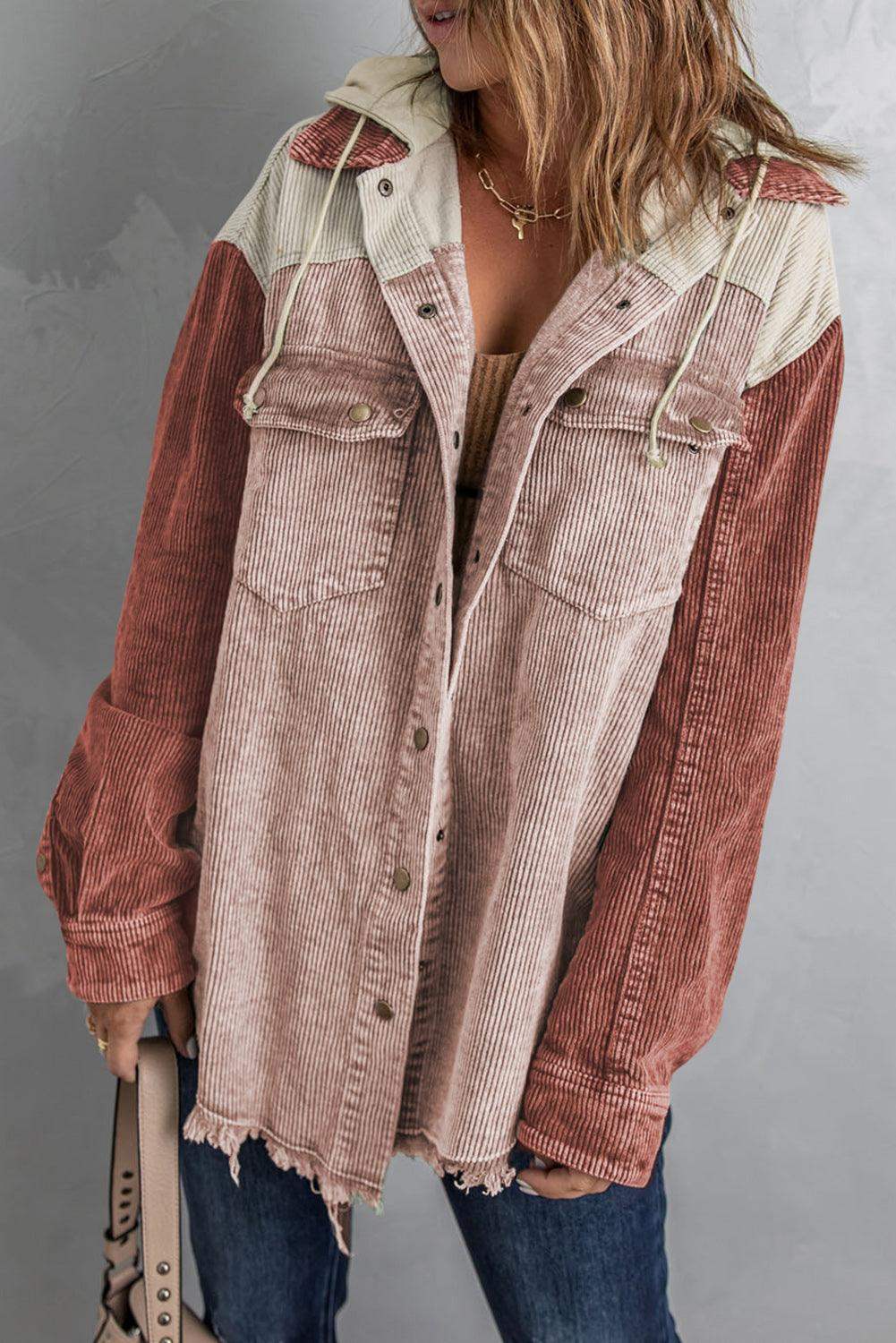 Snap Front Hooded Corduroy Shacket - Trendsi - Flyclothing LLC