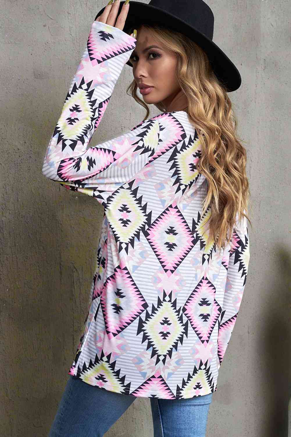Geometric V-Neck Long Sleeve T-Shirt - Trendsi - Flyclothing LLC