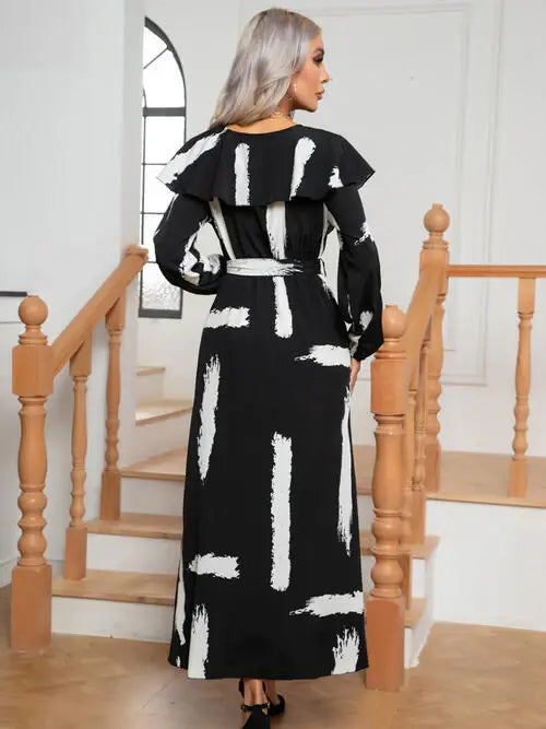Printed Tie Front Ruffle Trim Long Sleeve Dress - Trendsi - Flyclothing LLC