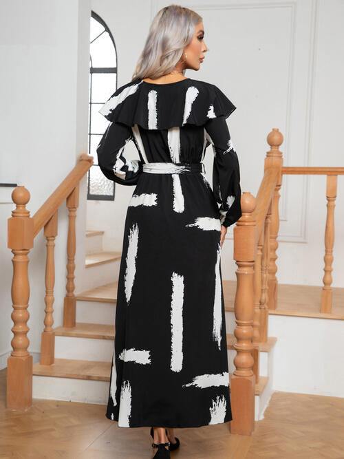 Printed Tie Front Ruffle Trim Long Sleeve Dress - Trendsi