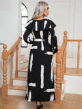 Printed Tie Front Ruffle Trim Long Sleeve Dress - Trendsi - Flyclothing LLC