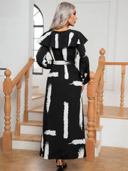 Printed Tie Front Ruffle Trim Long Sleeve Dress - Trendsi