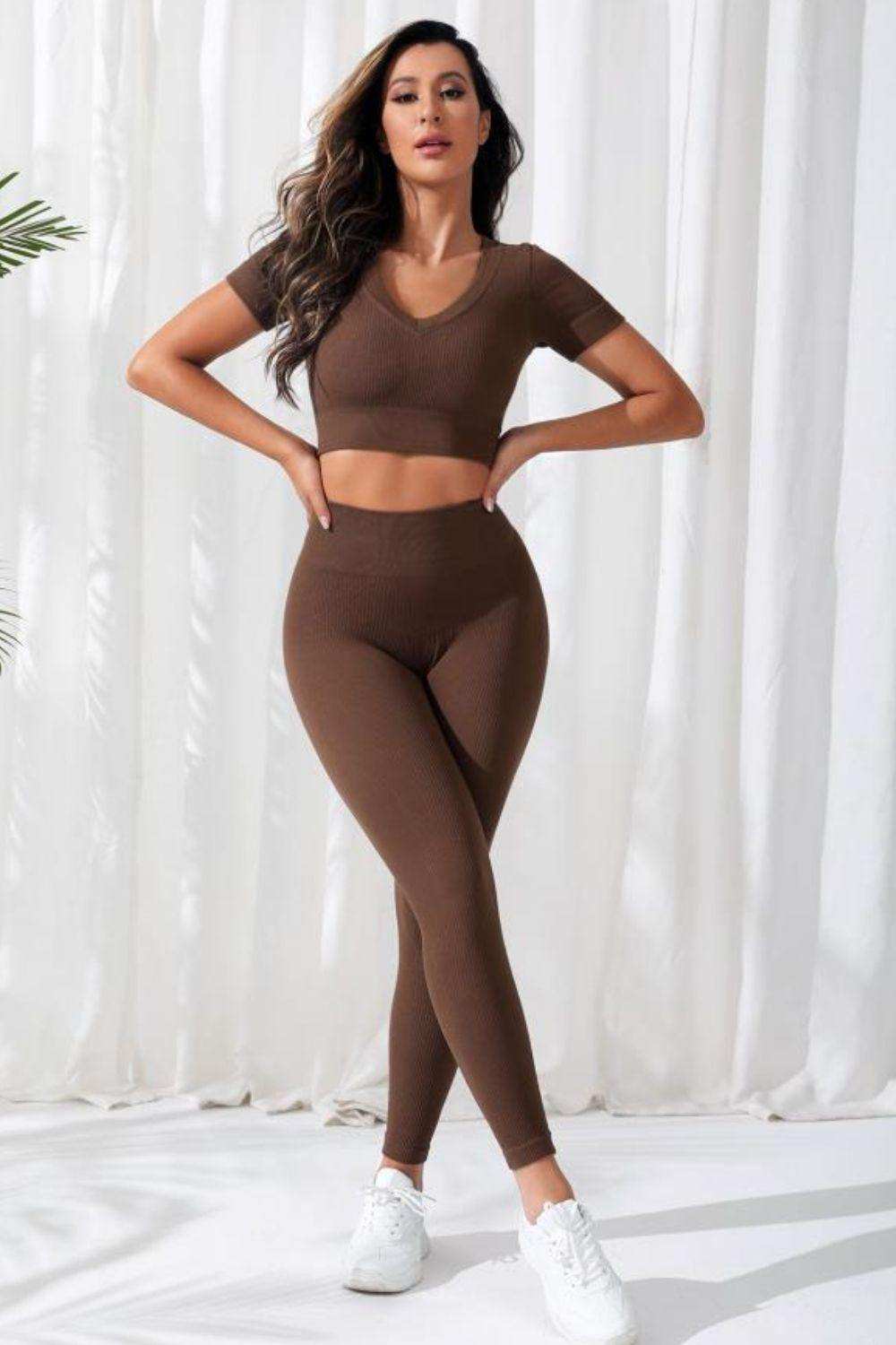 V-Neck Crop Top and High Waistband Long Active Pants - Trendsi - Flyclothing LLC