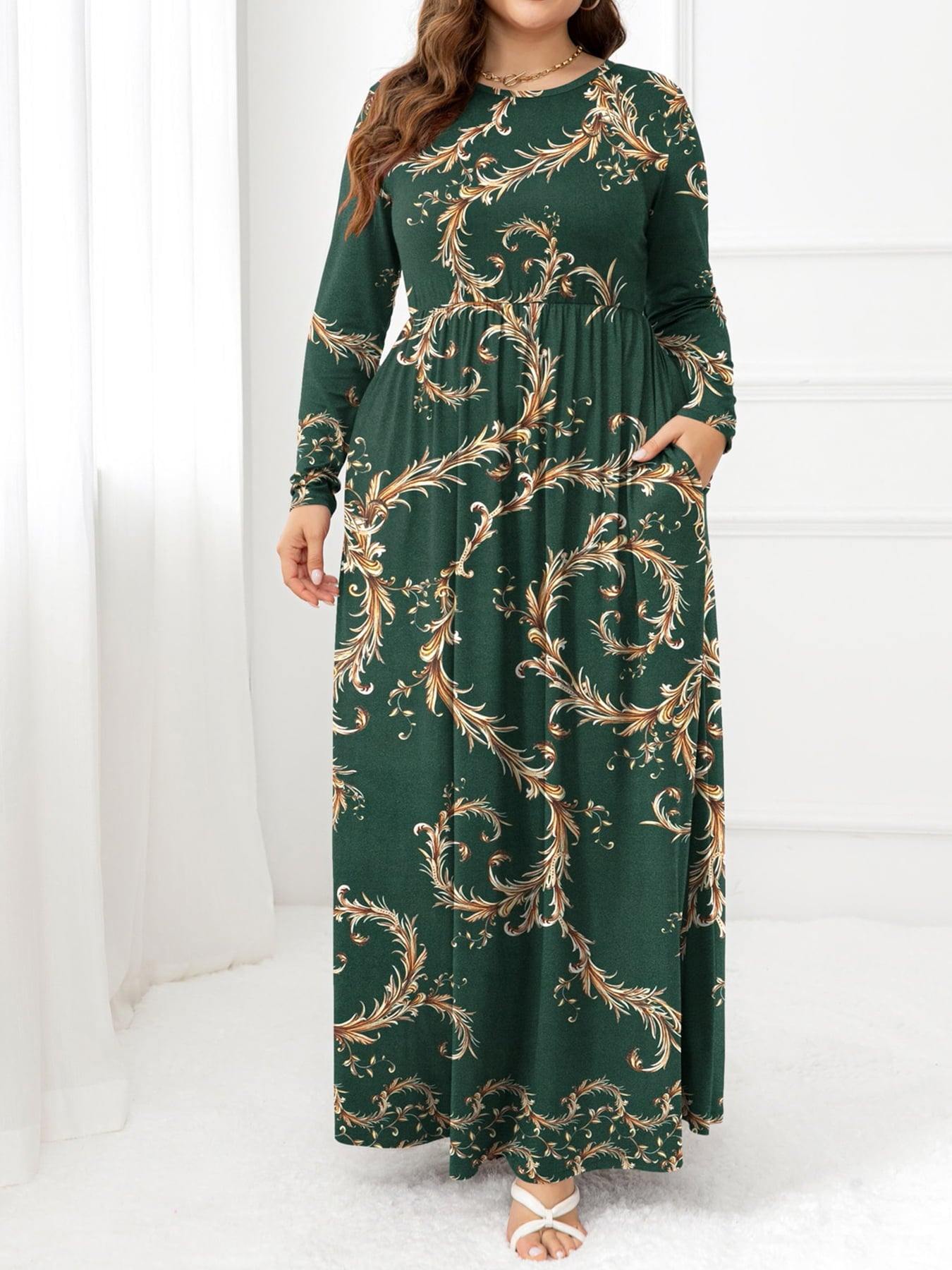 Plus Size Round Neck Maxi Dress with Pockets - Trendsi