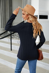 Cable-Knit Long Sleeve V-Neck T-Shirt - Trendsi