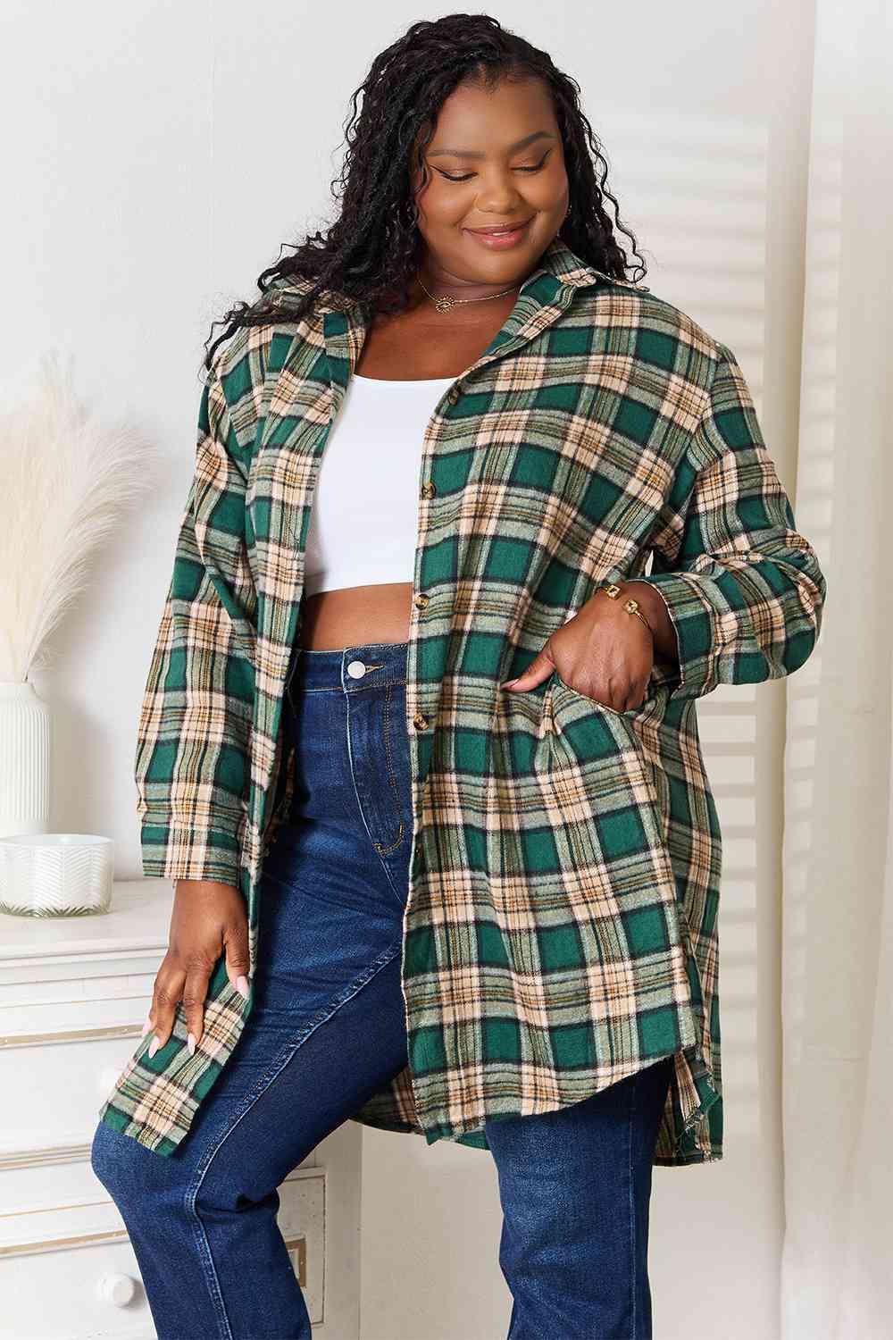 Double Take Plaid Collared Neck Long Sleeve Shirt - Trendsi
