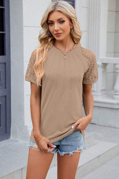 Openwork Round Neck Short Sleeve T-Shirt - Trendsi - Flyclothing LLC