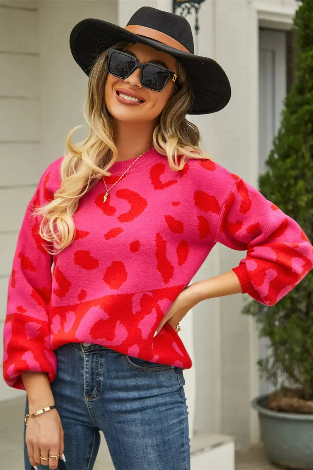 Leopard Round Neck Dropped Shoulder Sweater - Trendsi - Flyclothing LLC