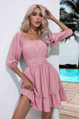Square Neck Tie Back Ruffle Hem Dress - Trendsi - Flyclothing LLC