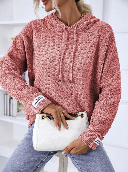 Texture Drawstring Long Sleeve Hooded Sweater - Trendsi