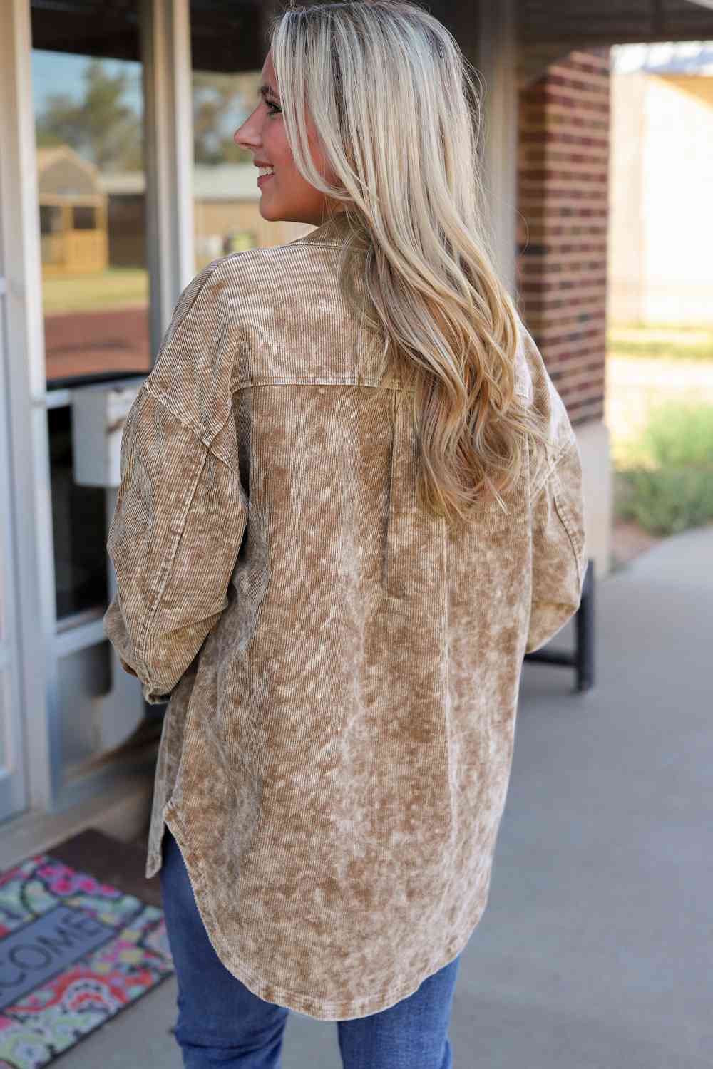 Washed Button Down Dropped Shoulder Jacket - Trendsi - Flyclothing LLC
