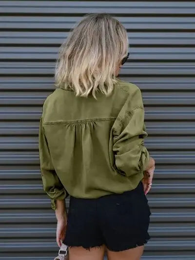 Drawstring Pocketed Button Up Denim Top - Trendsi - Flyclothing LLC