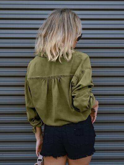 Drawstring Pocketed Button Up Denim Top - Trendsi - Flyclothing LLC