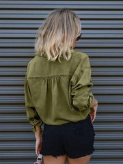 Drawstring Pocketed Button Up Denim Top - Trendsi