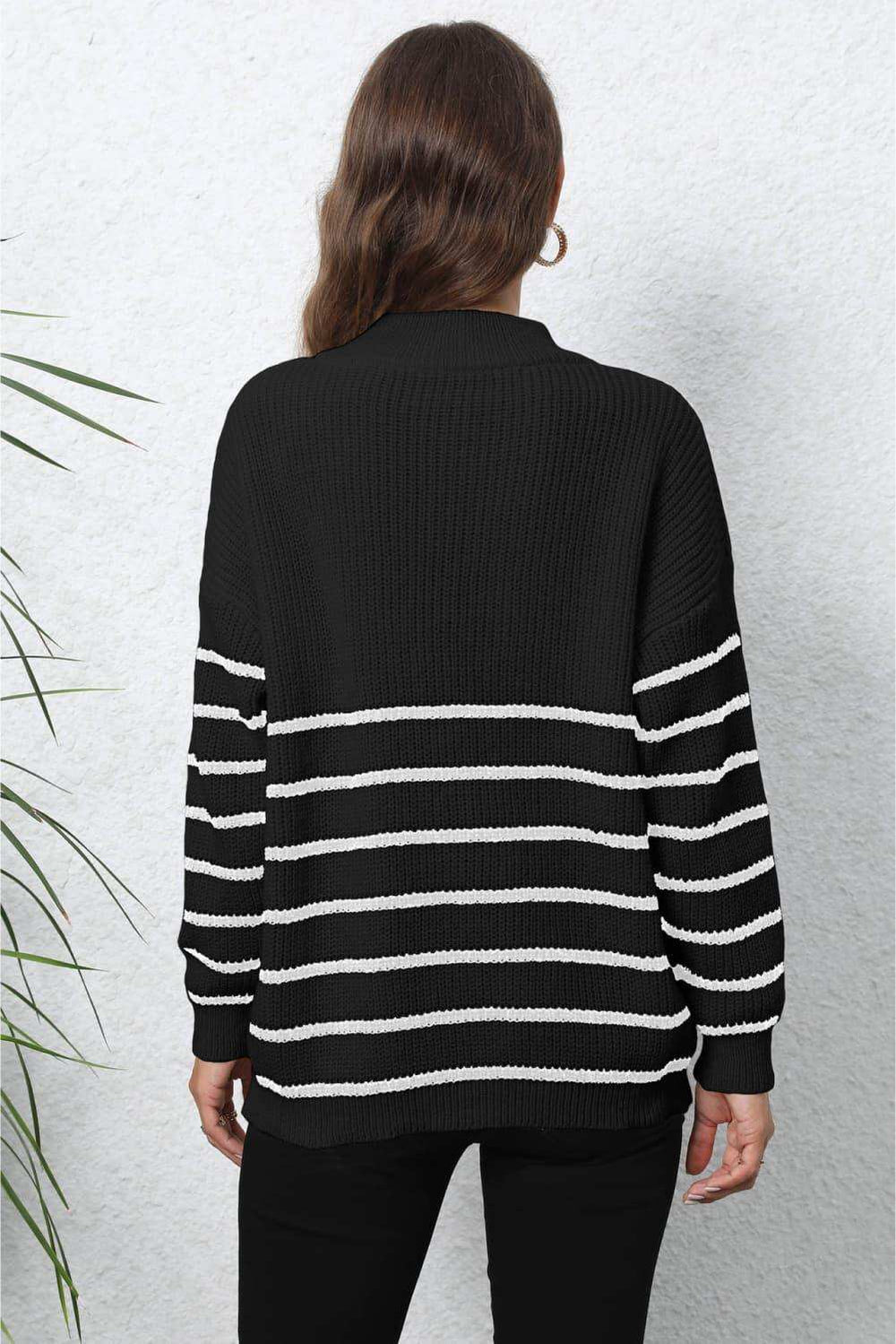 Striped Zip-Up Long Sleeve Ribbed Sweater - Trendsi - Flyclothing LLC