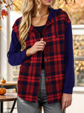 Contrast Button Up Drawstring Hooded Shirt - Trendsi