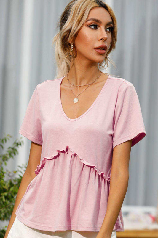 Frill Trim Short Sleeve Tee - Trendsi - Flyclothing LLC