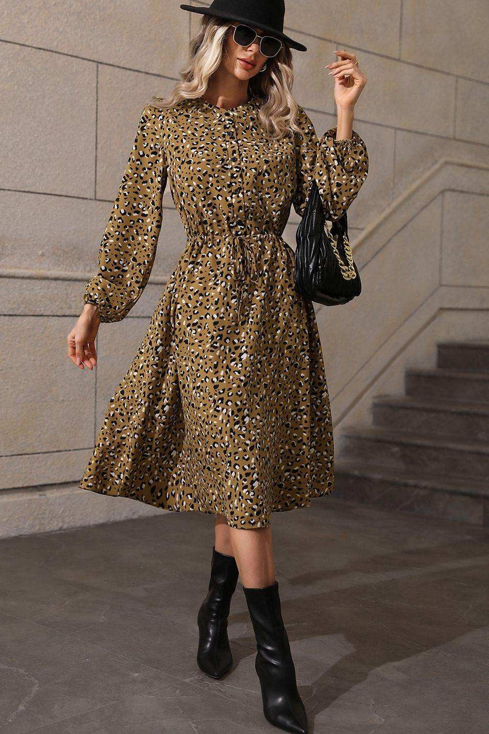 Printed Long Sleeve Midi Dress - Trendsi - Flyclothing LLC