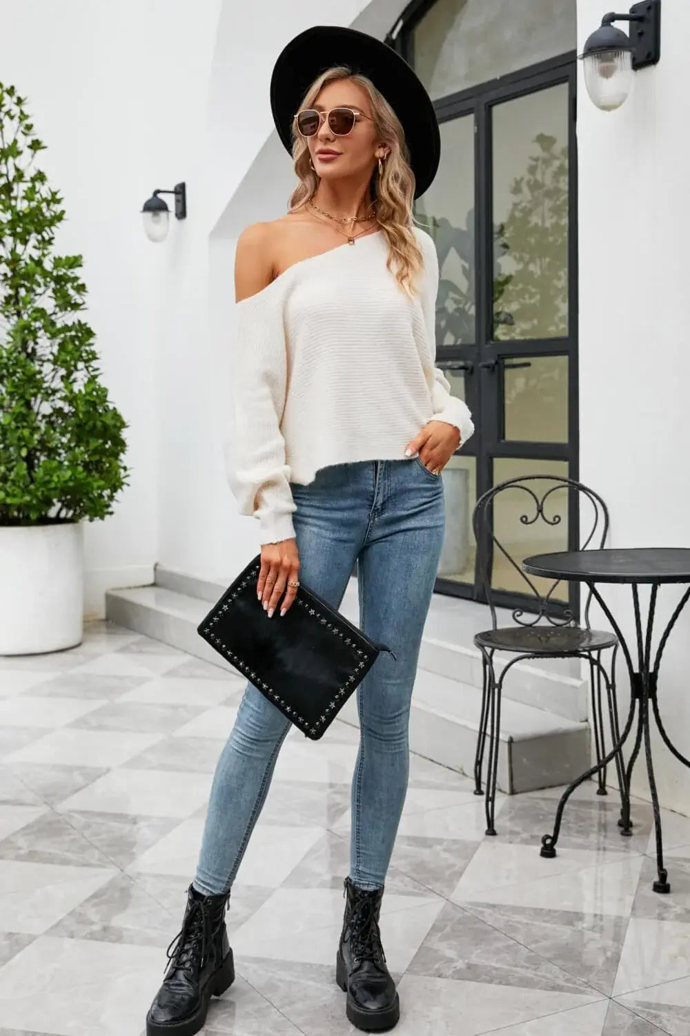 Boat Neck Horizontal Ribbing Dolman Sleeve Sweater - Trendsi - Flyclothing LLC
