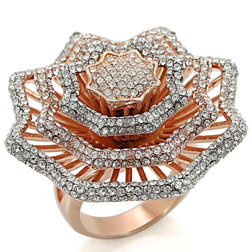 Alamode Rose Gold + Rhodium Brass Ring with Top Grade Crystal in Clear - Flyclothing LLC