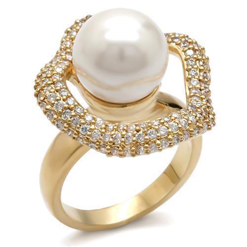 Alamode Gold Brass Ring with Synthetic Pearl in White - Alamode