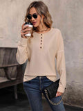 Round Neck Buttoned Slit Long Sleeve Top - Trendsi