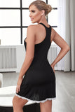 Contrast Lace Trim Decorative Button Sleeveless Night Dress - Trendsi
