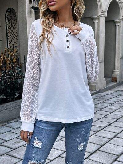 Quarter Button Round Neck Long Sleeve Blouse - Trendsi - Flyclothing LLC
