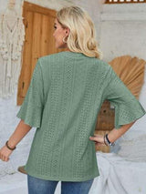 Eyelet Notched Half Sleeve T-Shirt - Trendsi - Flyclothing LLC