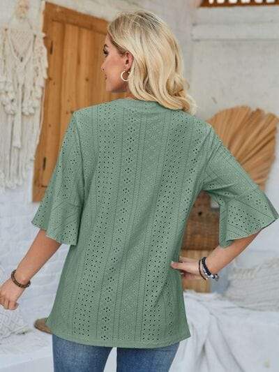 Eyelet Notched Half Sleeve T-Shirt - Trendsi - Flyclothing LLC