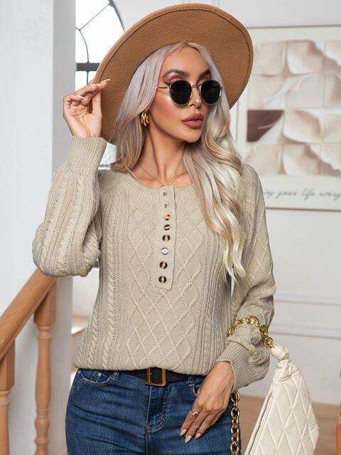 Cable-Knit Round Neck Buttoned Sweater - Trendsi - Flyclothing LLC