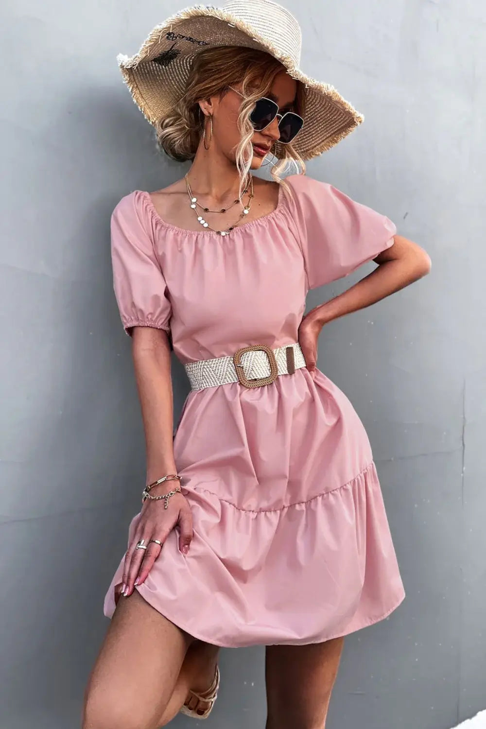 Square Neck Short Sleeve Mini Dress - Trendsi - Flyclothing LLC