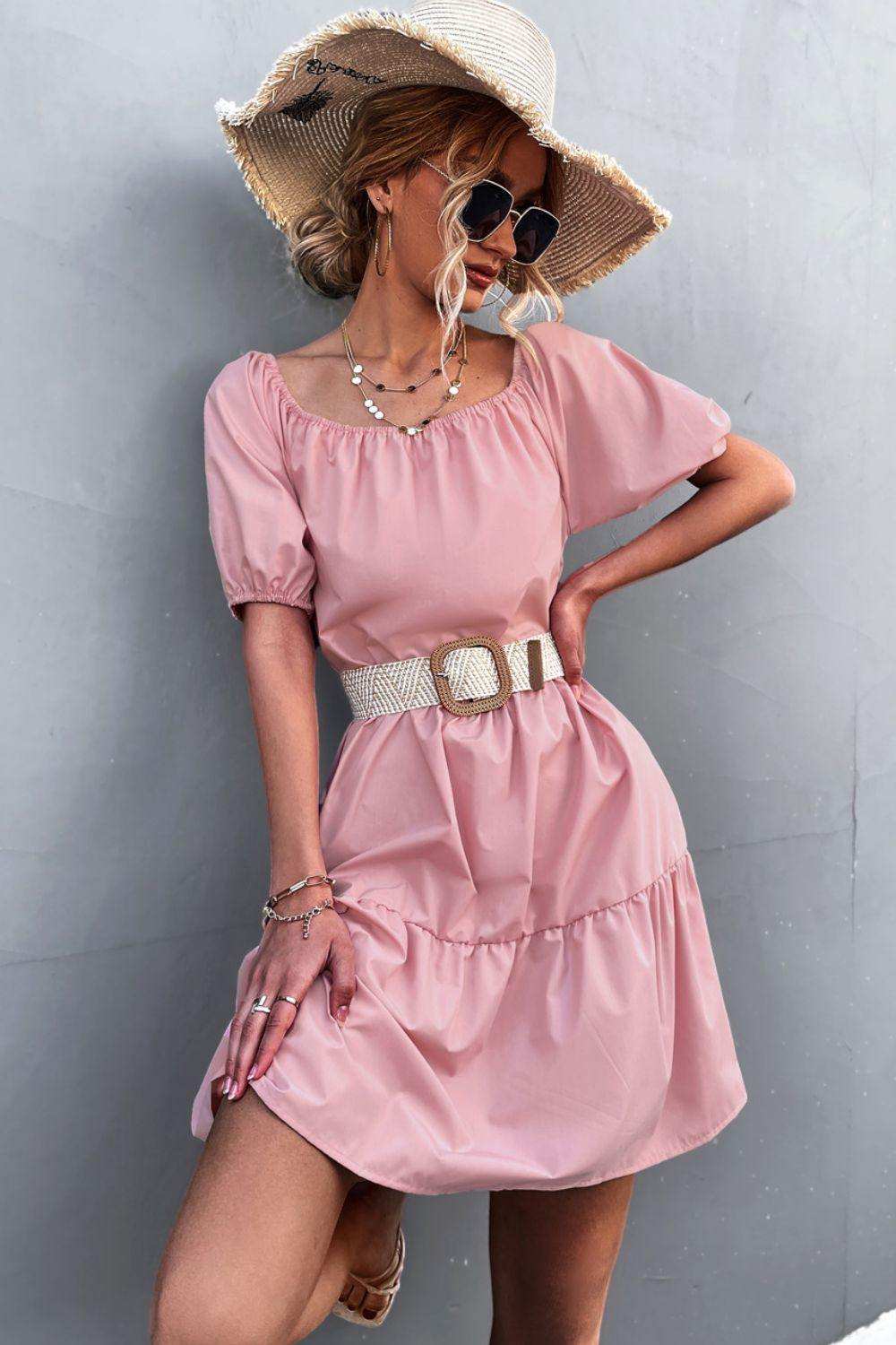 Square Neck Short Sleeve Mini Dress - Trendsi - Flyclothing LLC