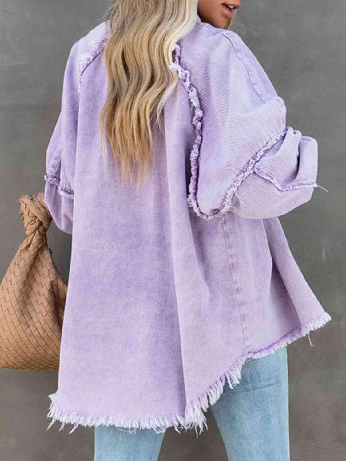 Button Down Raw Hem Denim Jacket - Trendsi