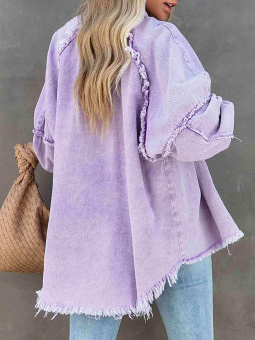 Button Down Raw Hem Denim Jacket - Trendsi - Flyclothing LLC