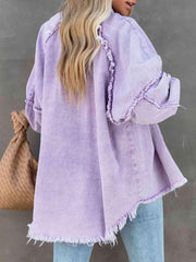 Button Down Raw Hem Denim Jacket - Trendsi
