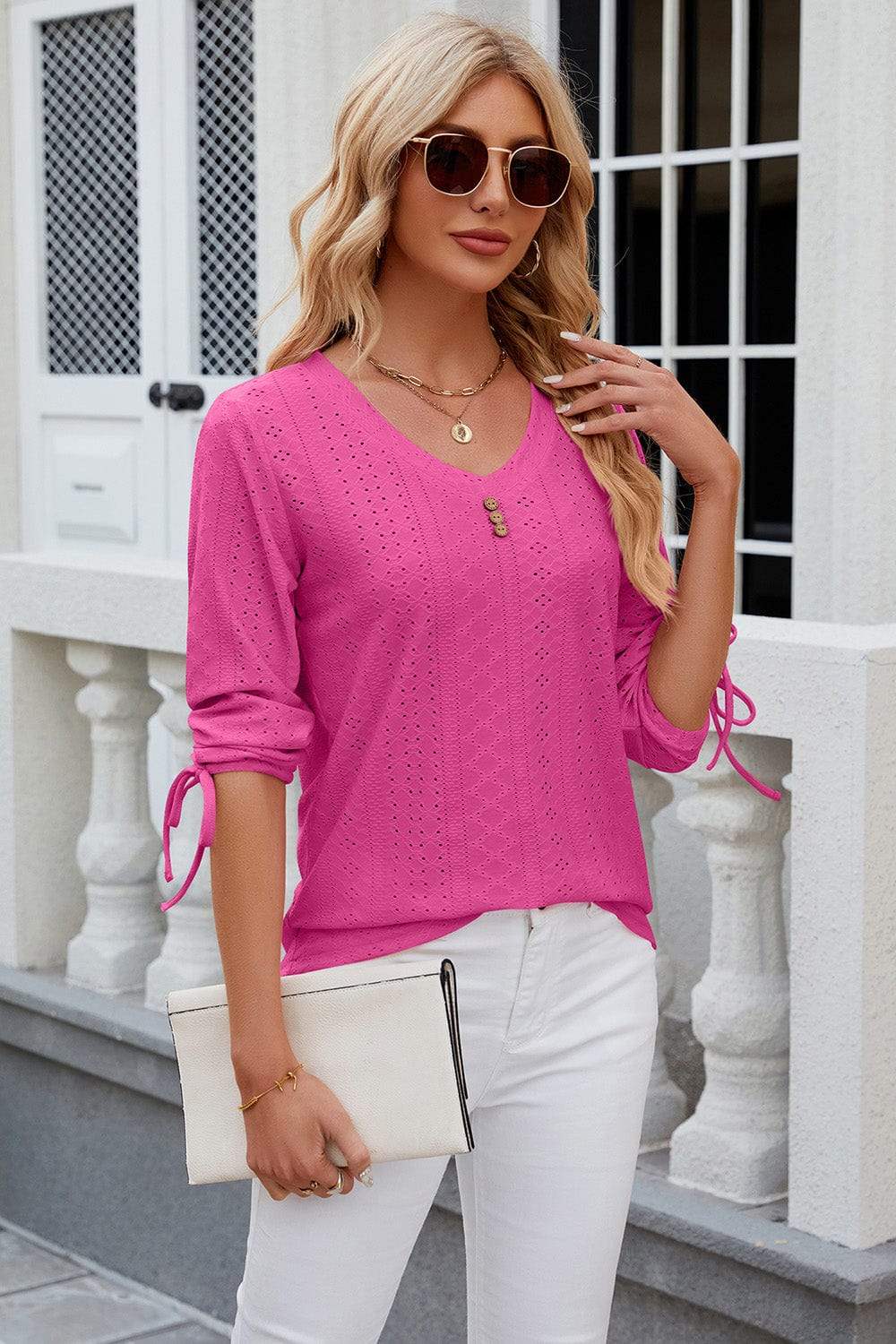 Eyelet Drawstring V-Neck Half Sleeve T-Shirt - Trendsi - Flyclothing LLC