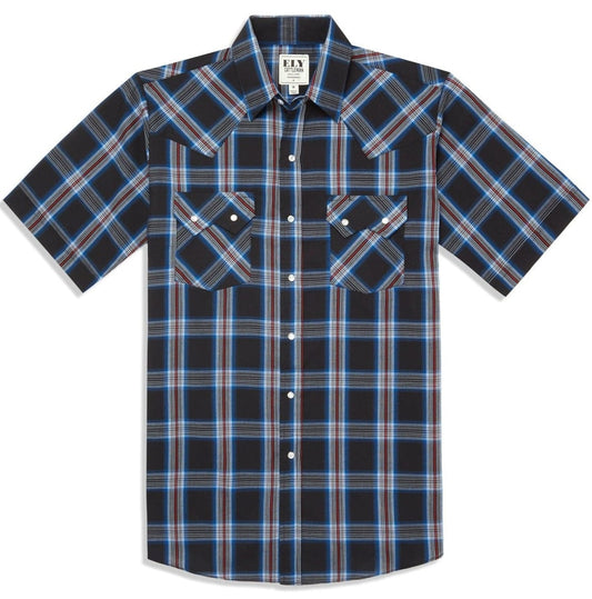 Men's Ely Cattleman Short Sleeve Plaid Western Snap Shirt- Black & Hunter Green - Ely Cattleman