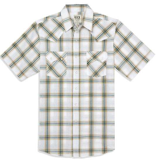 Men's Ely Cattleman Short Sleeve Plaid Western Snap Shirt- Black & Hunter Green - Ely Cattleman