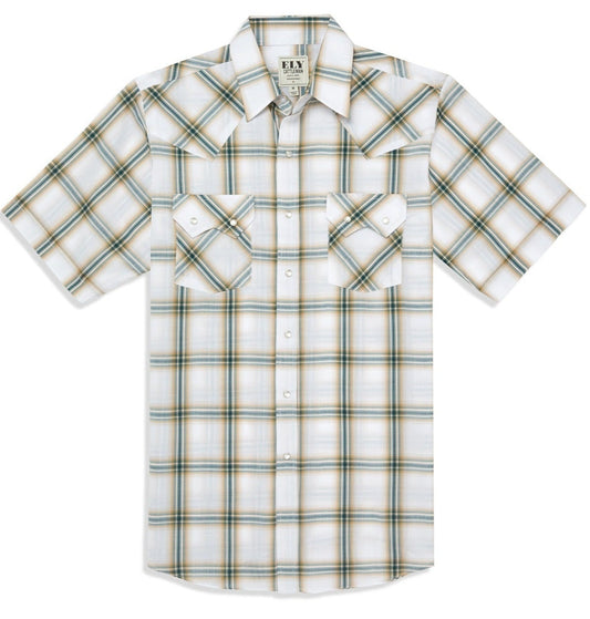 Men's Ely Cattleman Short Sleeve Plaid Western Snap Shirt- Black & Hunter Green
