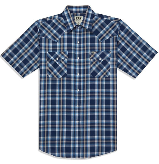 Men's Ely Cattleman Short Sleeve Plaid Western Snap Shirt- Navy & White - Ely Cattleman