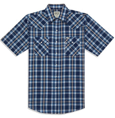 Men's Ely Cattleman Short Sleeve Plaid Western Snap Shirt- Navy & White