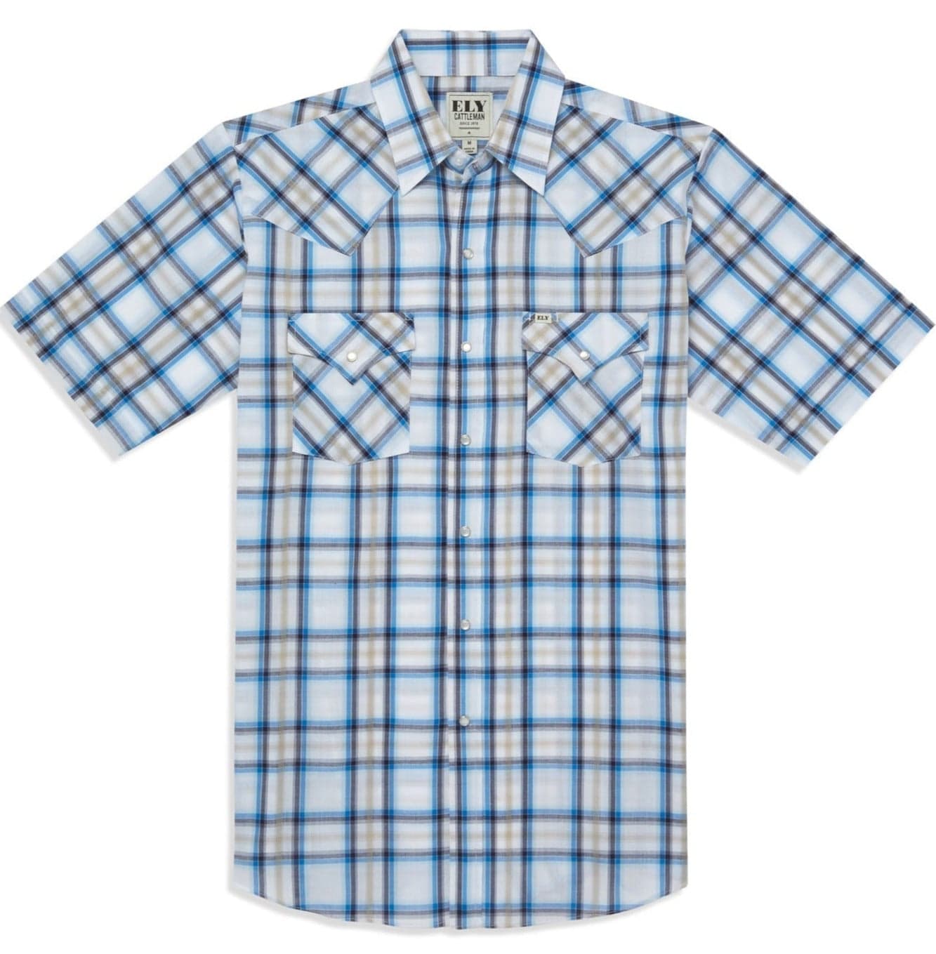 Men's Ely Cattleman Short Sleeve Plaid Western Snap Shirt- Navy & White - Ely Cattleman