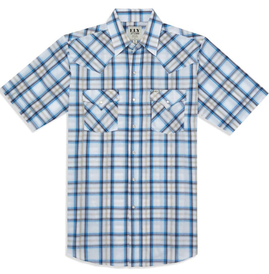 Men's Ely Cattleman Short Sleeve Plaid Western Snap Shirt- Navy & White - Ely Cattleman