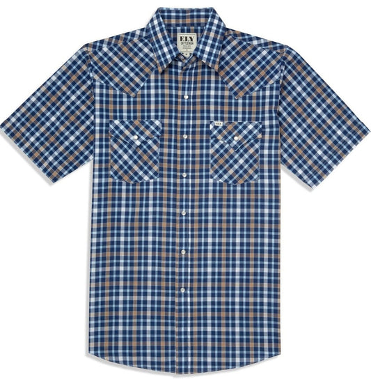 Men's Ely Cattleman Short Sleeve Heritage Plaid Western Snap Shirt- Navy