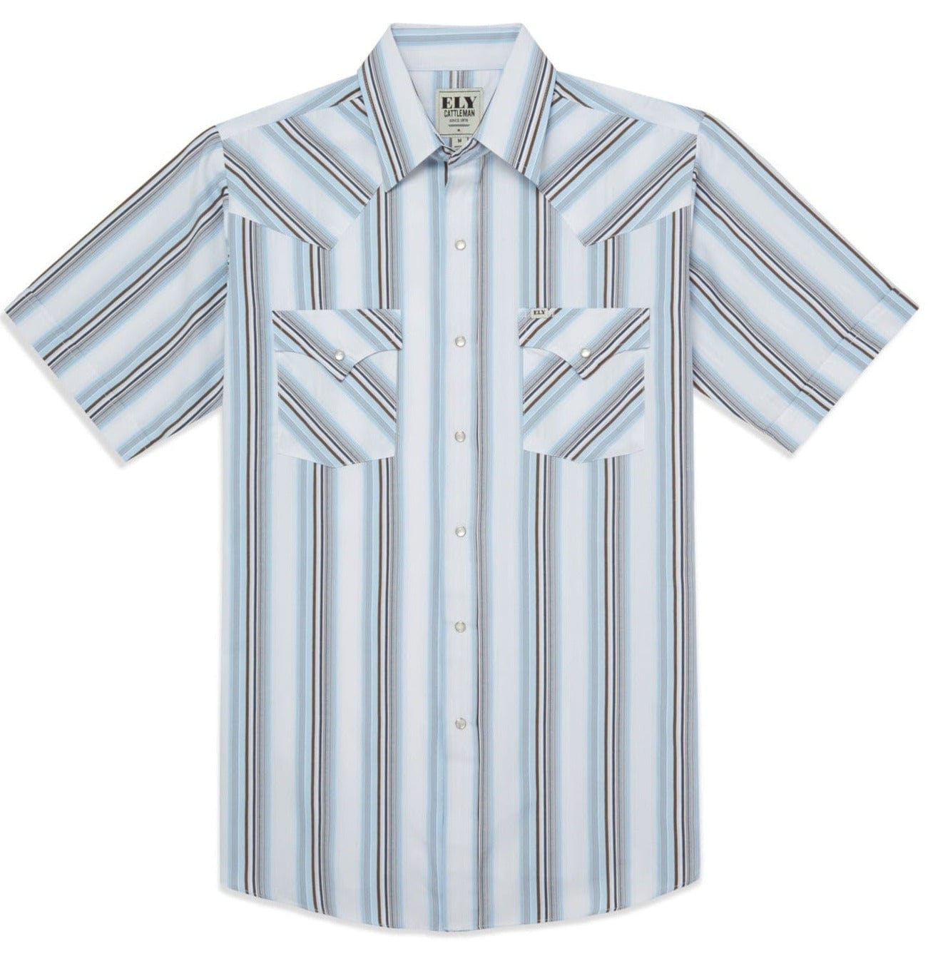 Men's Ely Cattleman Short Sleeve Stripe Western Snap Shirt- Blue & Tan