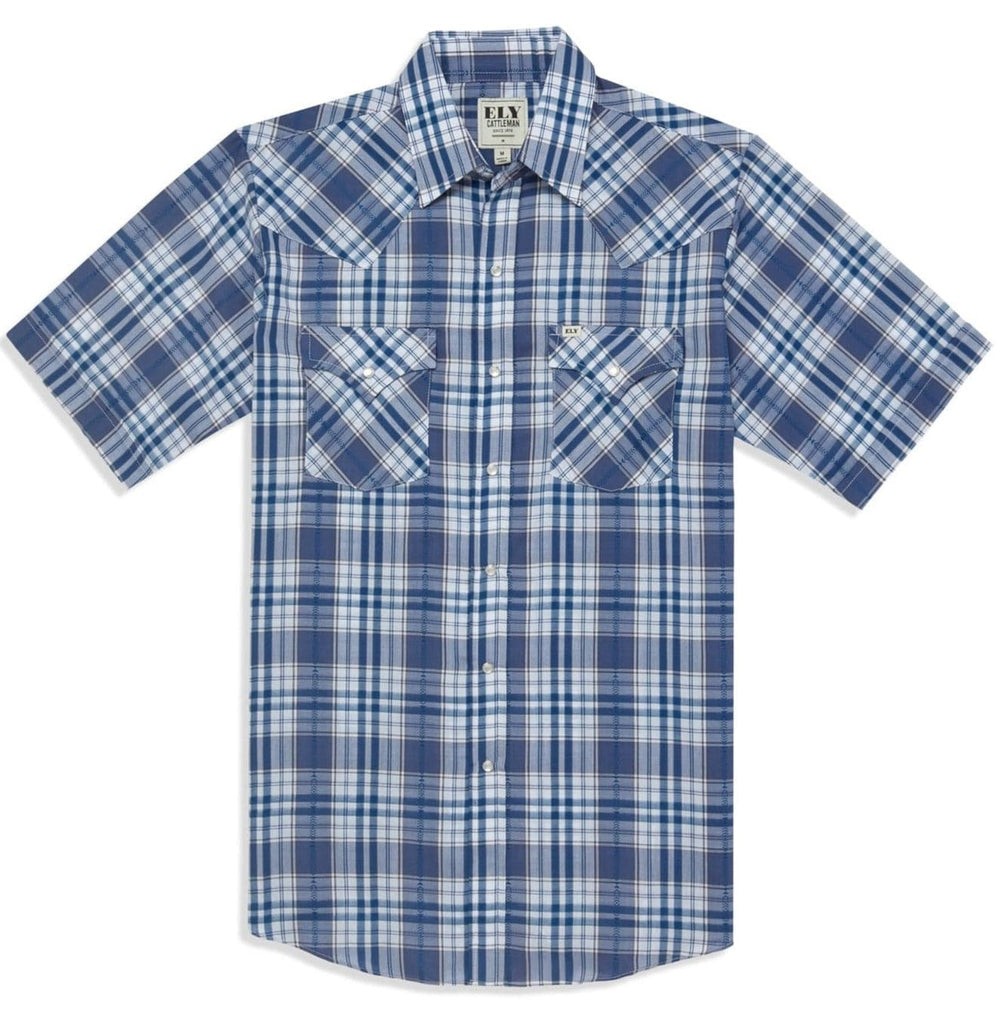 Men's Ely Cattleman Short Sleeve Aztec Plaid Western Snap Shirt- Blue & Red - Ely Cattleman
