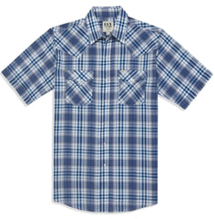 Men's Ely Cattleman Short Sleeve Aztec Plaid Western Snap Shirt- Blue & Red