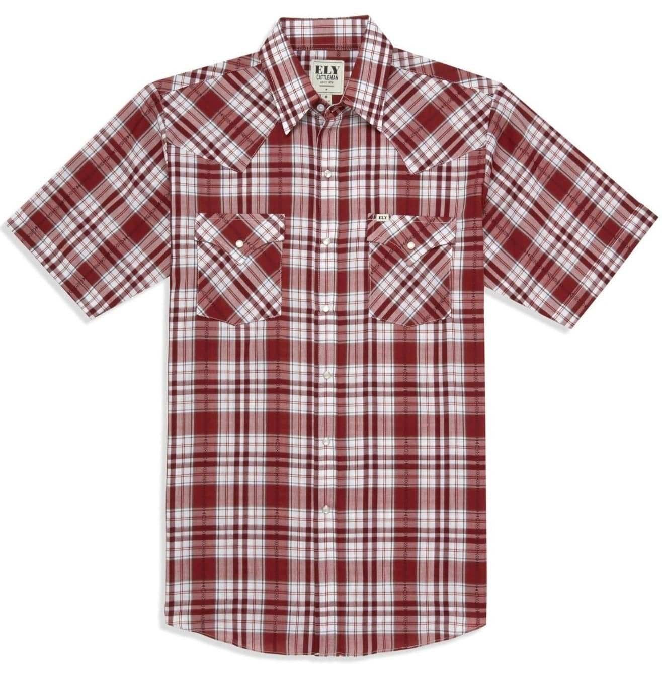Men's Ely Cattleman Short Sleeve Aztec Plaid Western Snap Shirt- Blue & Red - Ely Cattleman - Flyclothing LLC