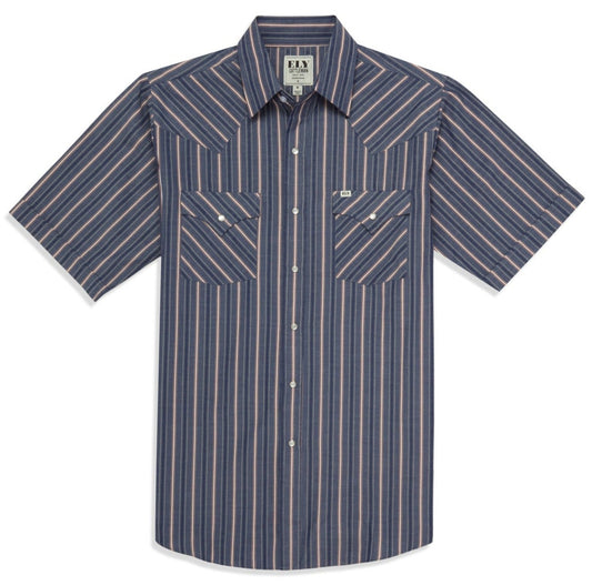 Men's Ely Cattleman Short Sleeve Americana Dobby Stripe Western Snap Shirt- Blue & Red